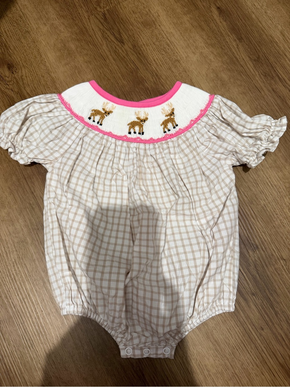 Smocked Beige Plaid Baby One-Piece with Pink Trim